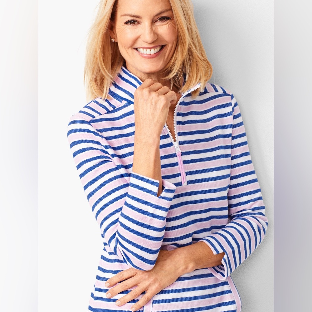 NWOT Talbots Striped Pink and Blue Half-Zip Size Medium Pullover